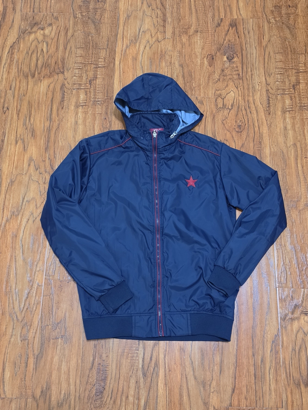 Retractable Hood Wool Blend Navy Lined Windbreaker Jacket with Red Star Women's